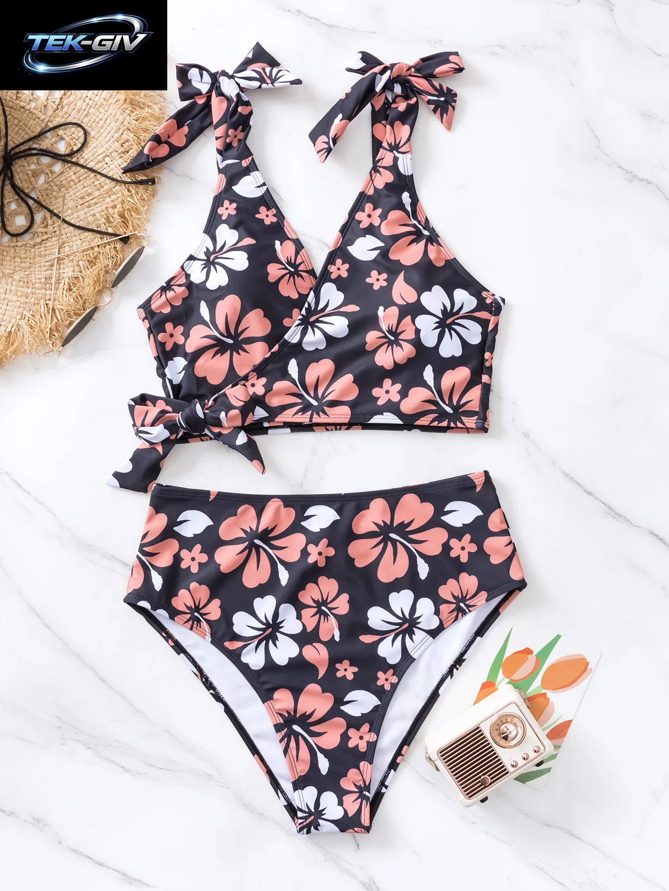 Sexy Schwarzes Bikini-Set Mit Blumenmuster 2026 Damen V-Ausschnitt Kreuz-Push-Up-Bh Hochgeschnittener Badeanzug Strand-Bademode Urlaubs-Schwimmanzug