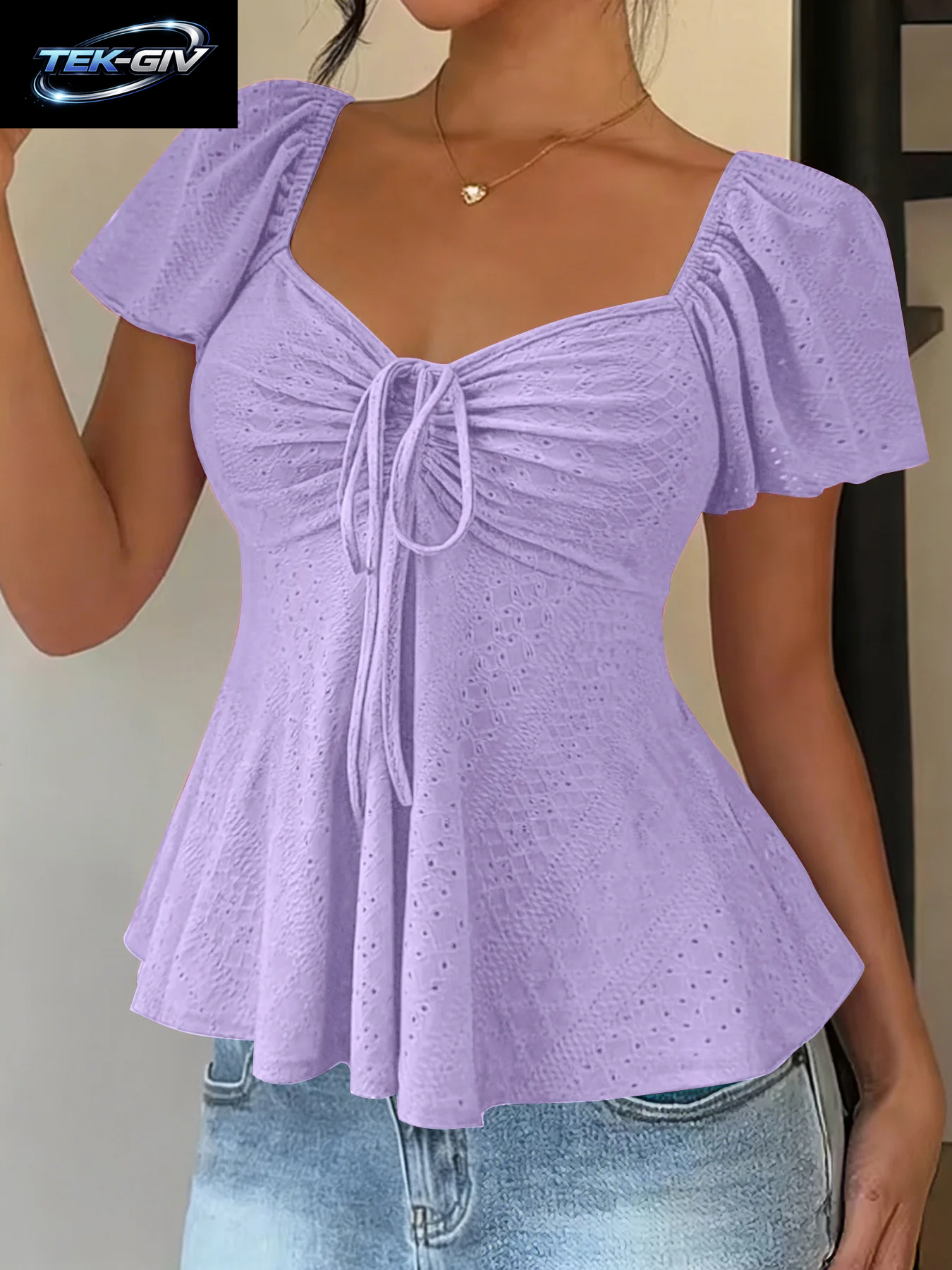 2026 Frauen Y2K Sommer Tops V-Ausschnitt Kordelzug Sexy Spitze up Kurzarm Einfarbig Shirts Weibliche Elegante Casual Mode Blusen