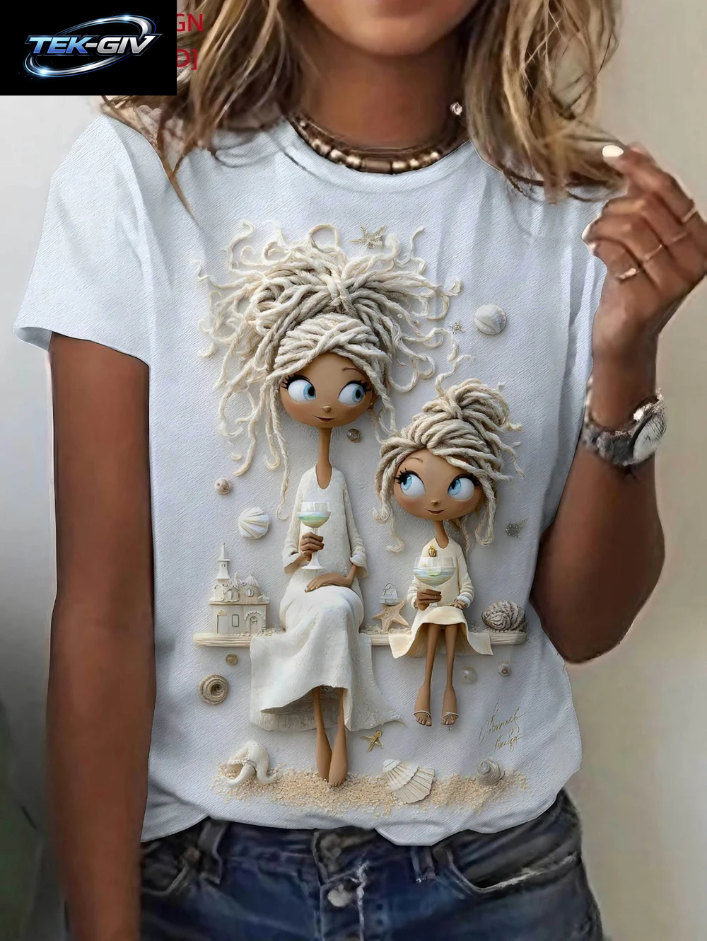 2026 Frühling Sommer Süßes Mädchen-Motiv T-Shirt Locker Sitzend Damen Lässig Lustige Grafik Streetwear Bequeme Kurzarm Damenbekleidung