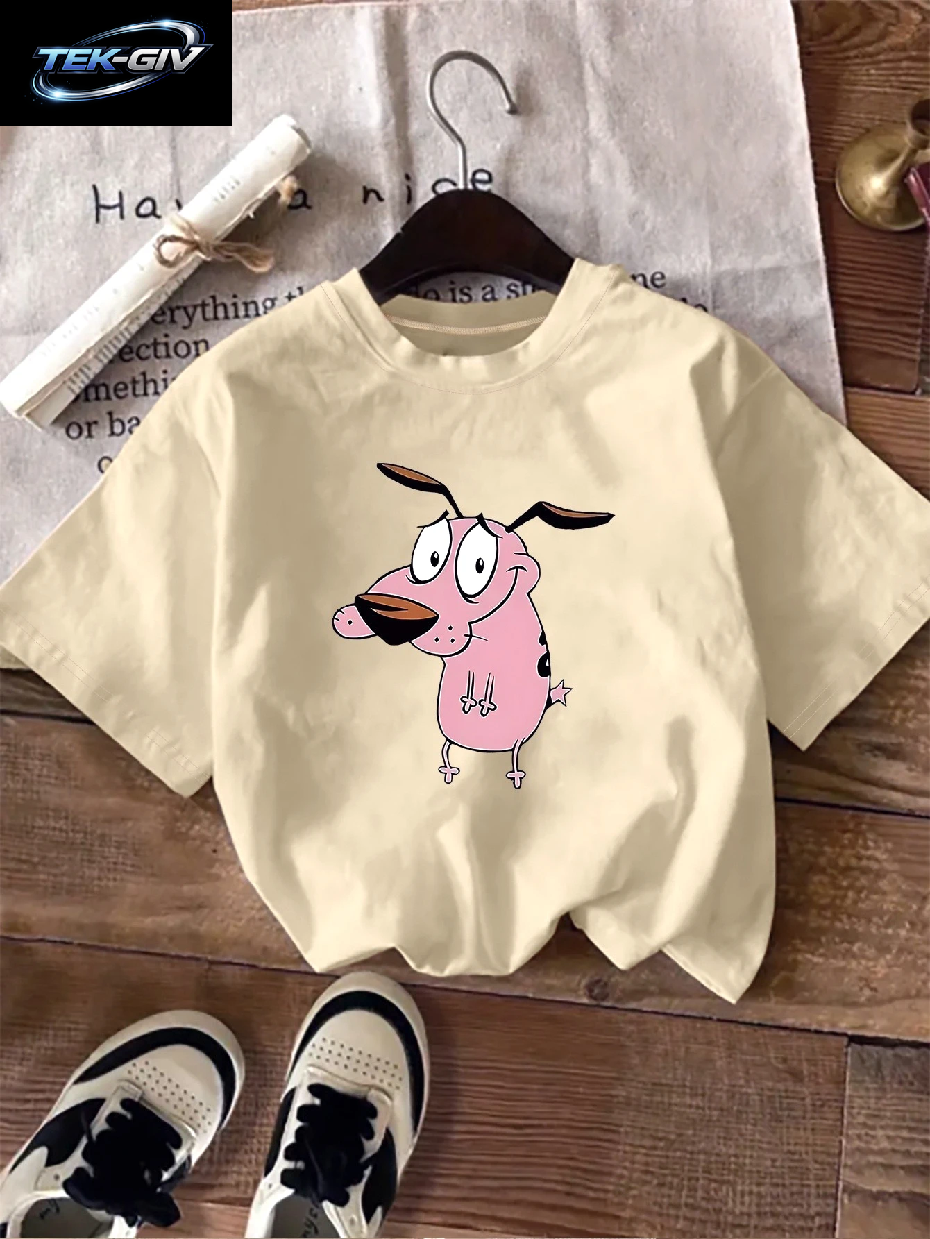 Damen-T-Shirt „Courage the Cowardly Dog“, Kreativ Bedruckt, Für Den Sommer, Rundhalsausschnitt, Kurzärmelig, Lässiges Oberteil, T-Shirt-Kleidung
