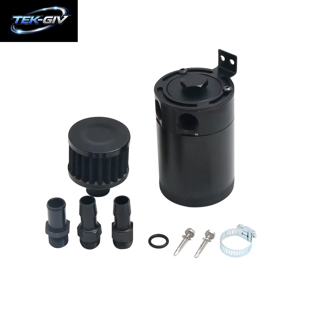 HD 2-Port-Ölfangdose Tank Kraftstoff Tank Rennen Verblüfft Mit Ablass Ventil Luftöl Abscheider Universal Schwarz Eloxiert