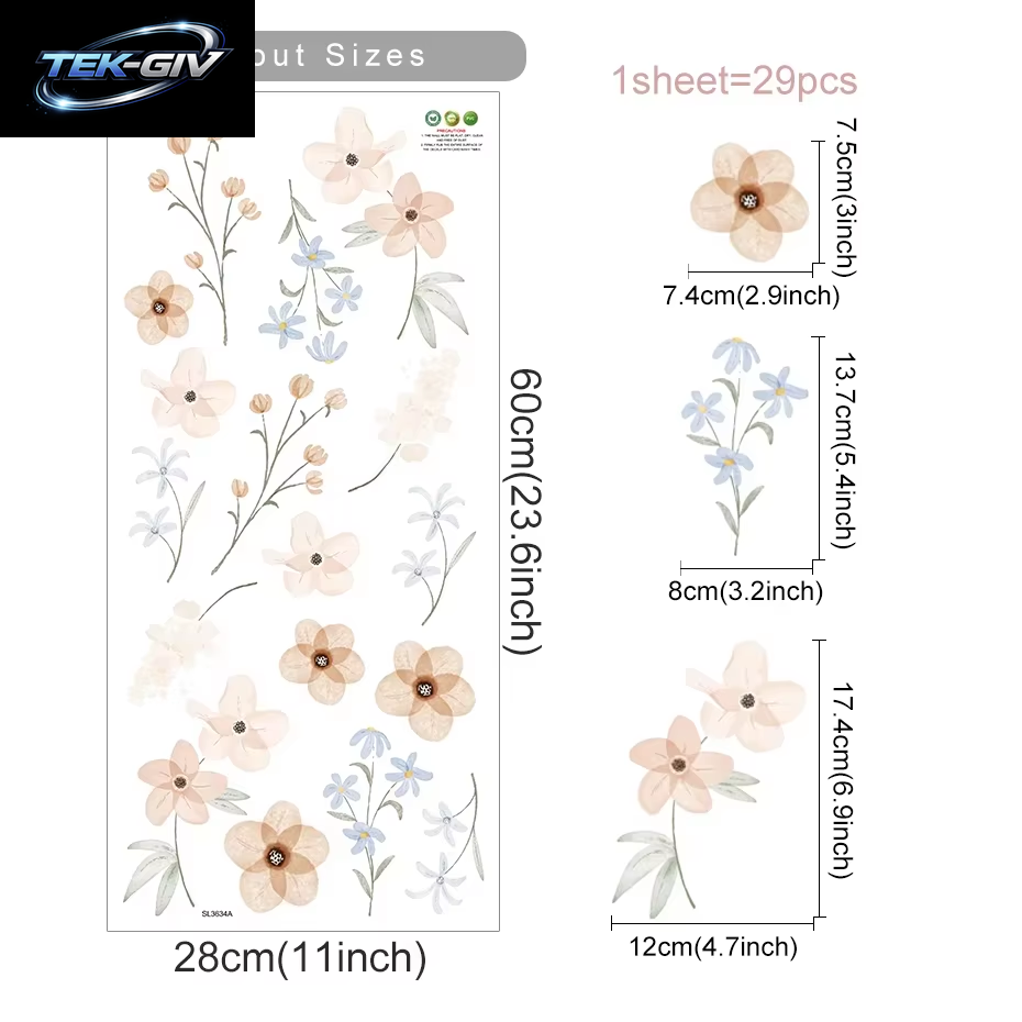 Boho-Blumen-Wandaufkleber Für Kinder, Aquarell, Schlafzimmer, Wohnzimmer, Heimdekoration, Kunst, Umweltfreundlich, Abnehmbare Aufkleber, Pvc-Wandbilder
