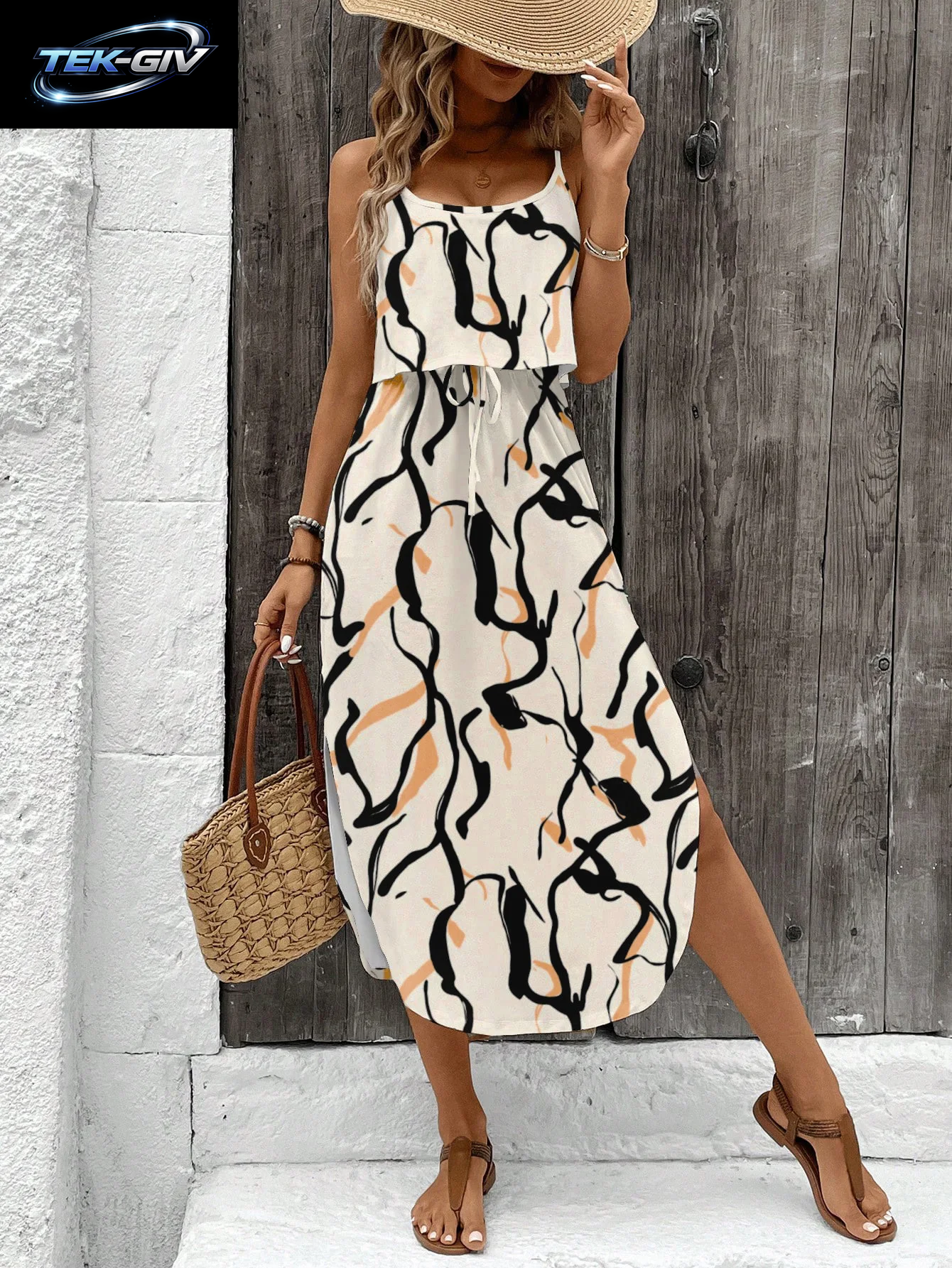 Sommerkleid Mit Spaghettiträgern Für Damen, Gürtel Und Seitenschlitz – Lässiges, Ärmelloses, Fließendes Kleid