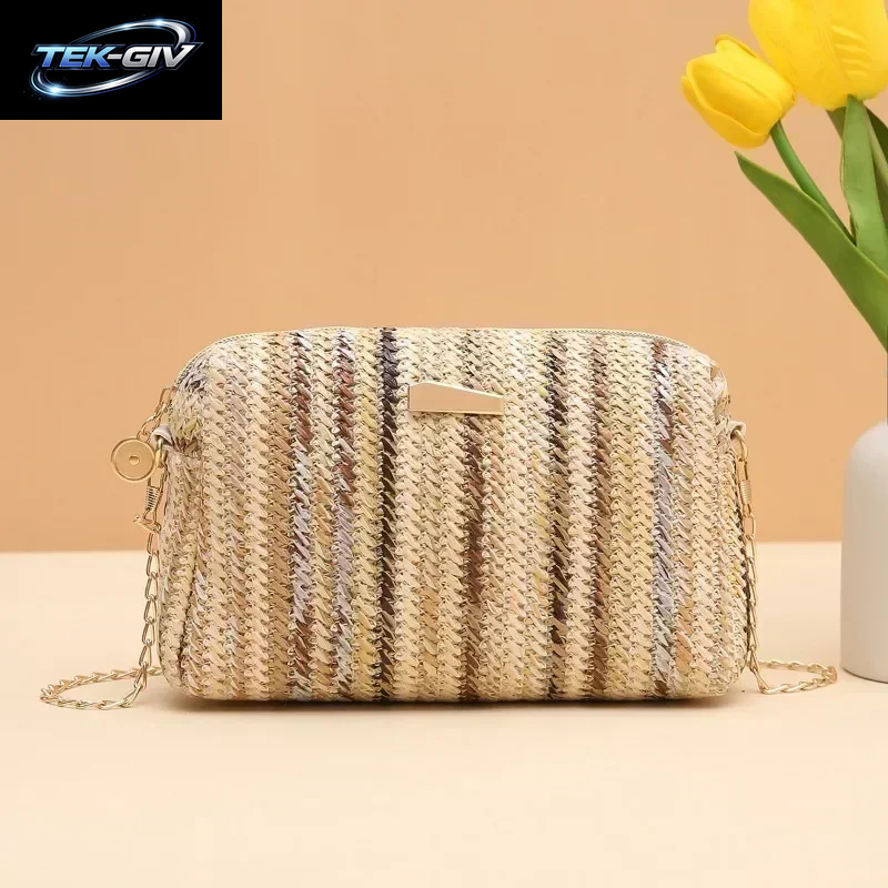 Rattan Stricken Frauen Stroh Tasche Strand Sommer Kette Kleine Geldbörse Und Handtasche Weibliche Schulter Umhängetaschen Reise Design Flap Bag