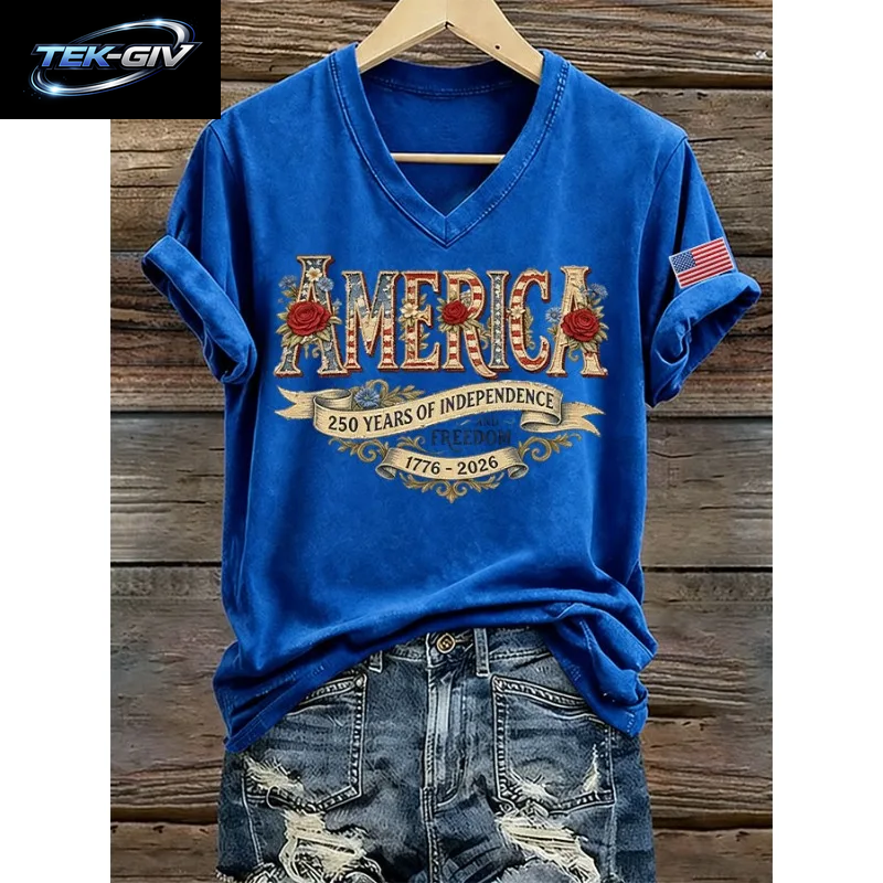 NEUE Damen-T-Shirts Mit Us-Flaggen-Aufdruck 1776-2026, Sommer-T-Shirt Zum 250. Jahrestag Amerikas, Kurzärmelig, Lässige Oberteile Mit V-Ausschnitt