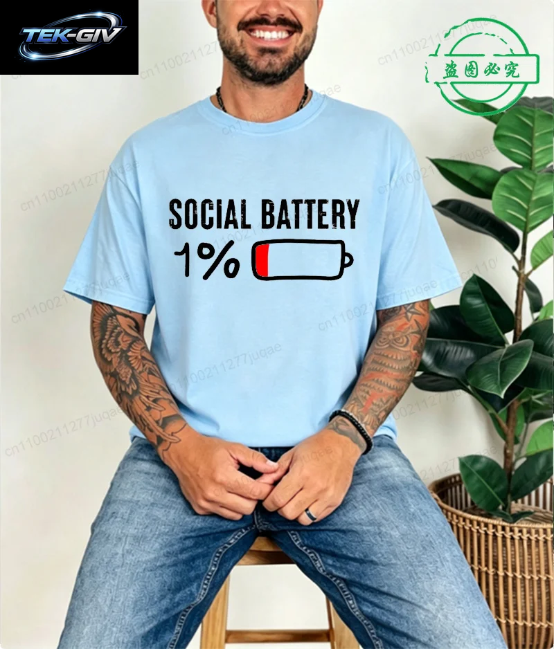 T-Shirt Für Männer, Social Battery 1 Percent, Lustiges Introvert-T-Shirt, Herren-Tops, Freizeitkleidung, Übergröße, Vintage-Kleidung, Trend-T-Shirt