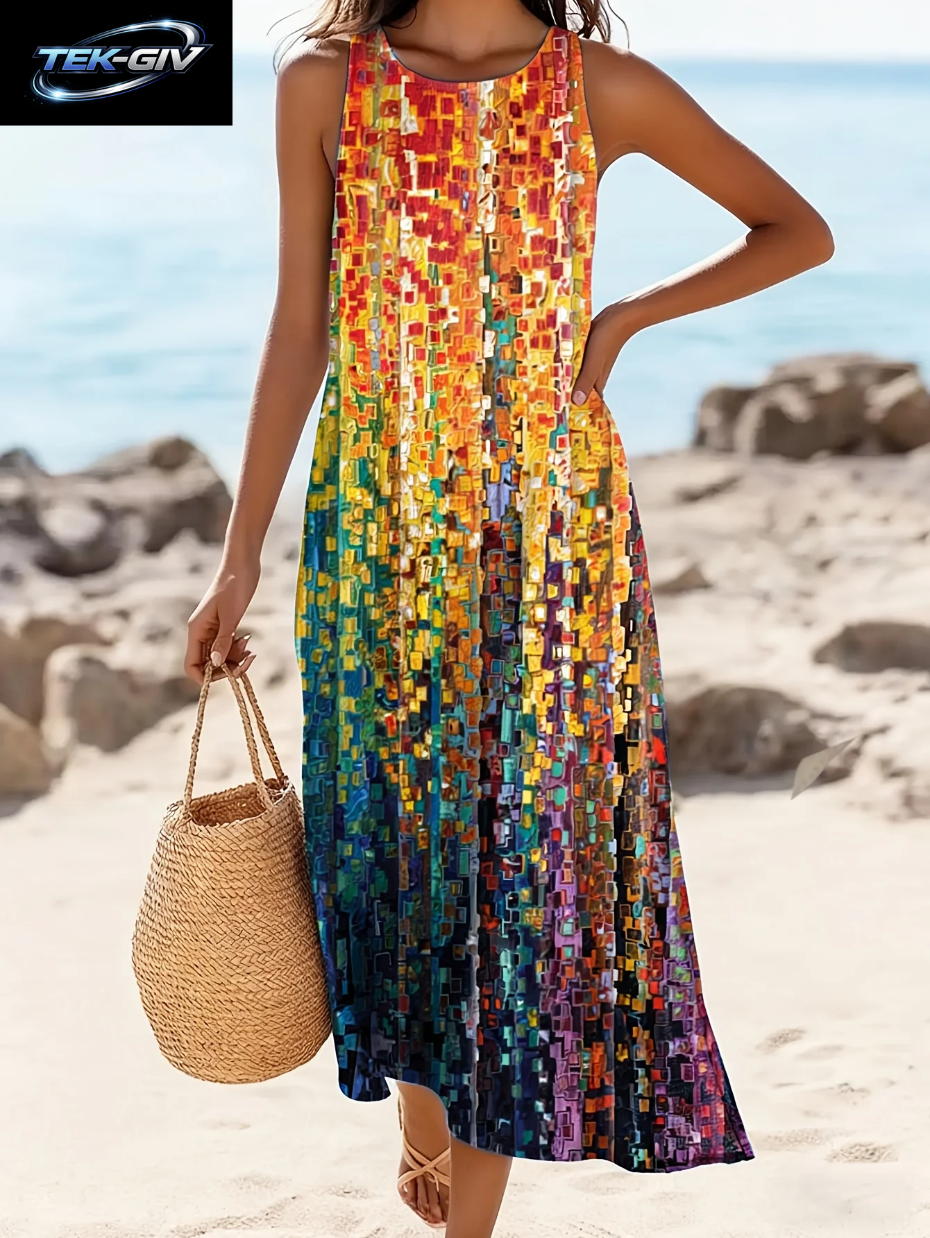 Boho-Urlaubskleid Mit Sonnenblumen-Ethno-Print, Rundhals, Locker Geschnittenes Langes Urlaubskleid, Dopamin-Kleid, Leichtes, Reifes Maxikleid