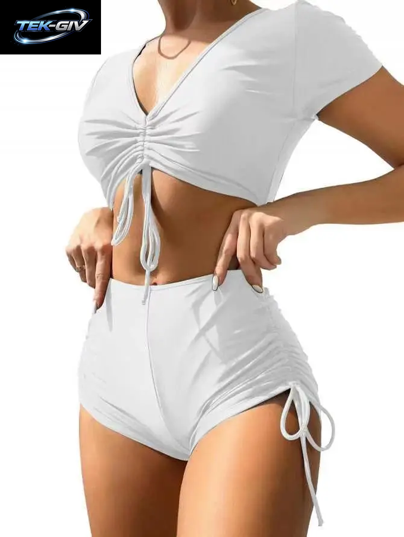 Sexy Bikini-Set Mit Kordelzug 2026 Damen Grün Schwarz Kurzarm Zweiteiliger Badeanzug Sommer Bademode Plissierter Hochgeschnittener Badeanzug