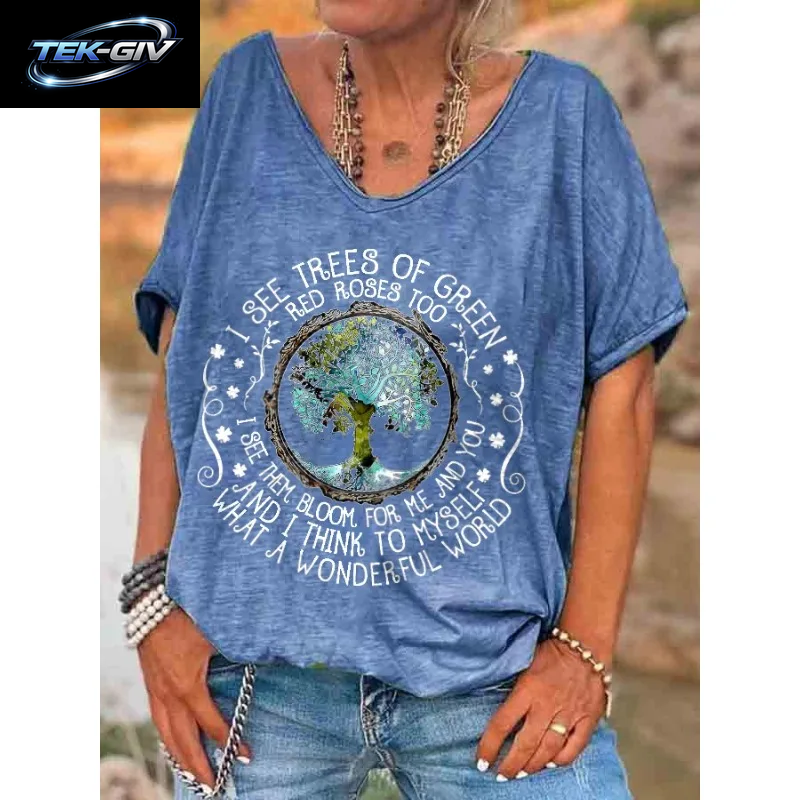 Ilstile Damen-T-Shirt Mit V-Ausschnitt, Hippie-Print „What a Wonderful World“, Sommer-Kurzarm-T-Shirt Für Damen, Oberteile, Lässige T-Shirts