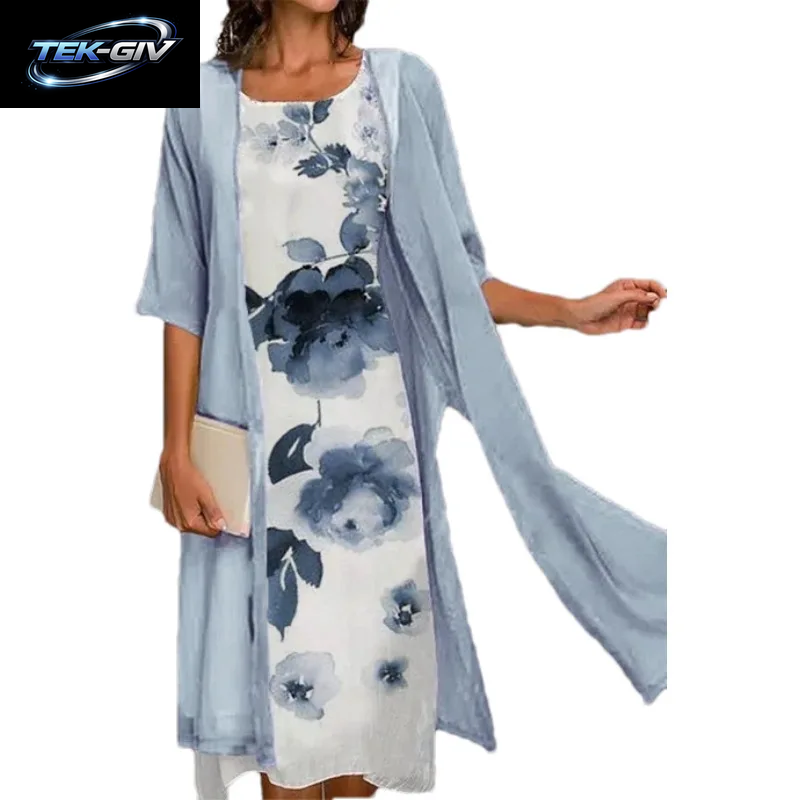 2025 Neu! Eu-Us Sommer-Set Für Damen, Lässig, Eleganz, 2, Bedruckt, Rundhalsausschnitt, Lockeres Kleid, Pullover, Mantel