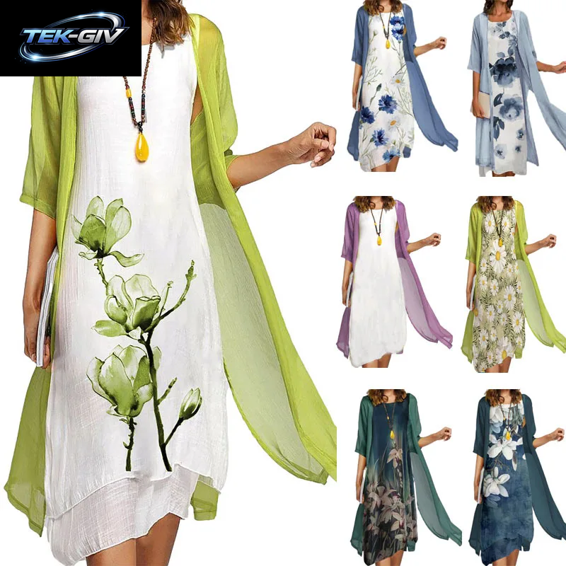 2025 Neu! Eu-Us Sommer-Set Für Damen, Lässig, Eleganz, 2, Bedruckt, Rundhalsausschnitt, Lockeres Kleid, Pullover, Mantel