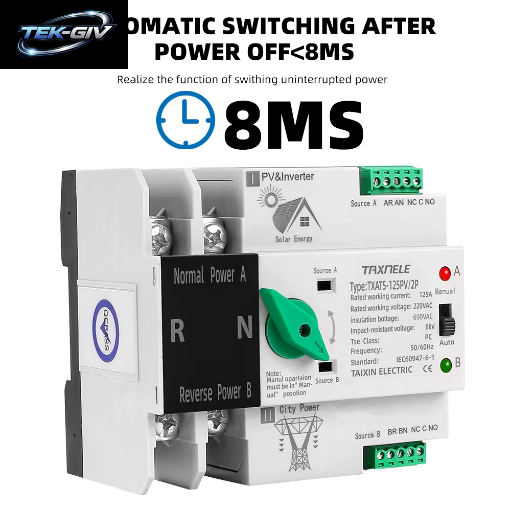 2P 3P 4P Din-Schiene ATS PV Inverter Dual Power Automatische Transfer Wahlschalter Unterbrechungsfreie 63A 100A 125A Photovoltaik Solar