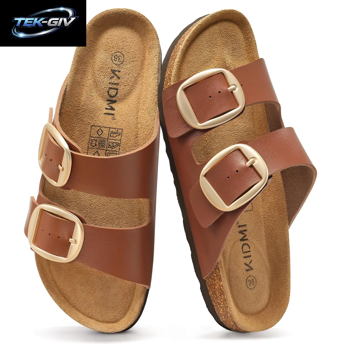 Litfun Damen Kork-Sandalen: Bequeme Leder-Pantoletten Mit Fußgewölbestütze Für Sommer Und Strand, Mit Verstellbarer Schnalle