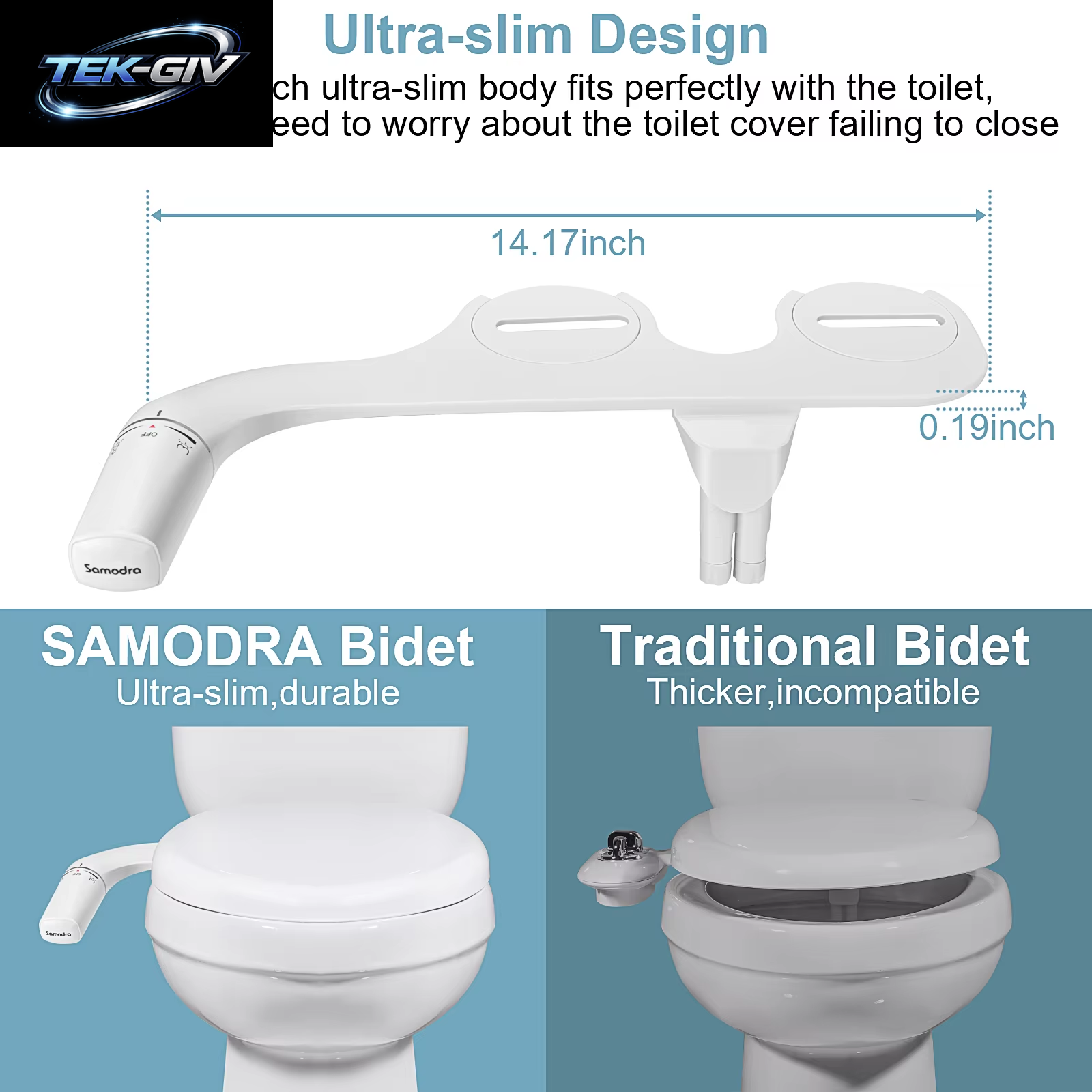SAMODRA Bidet-Aufsatz, Ultraschlanker Toilettensitz-Aufsatz, Doppeldüsen-Bidet, Einstellbarer Wasserdruck, Nicht Elektrisches Arschsprühgerät