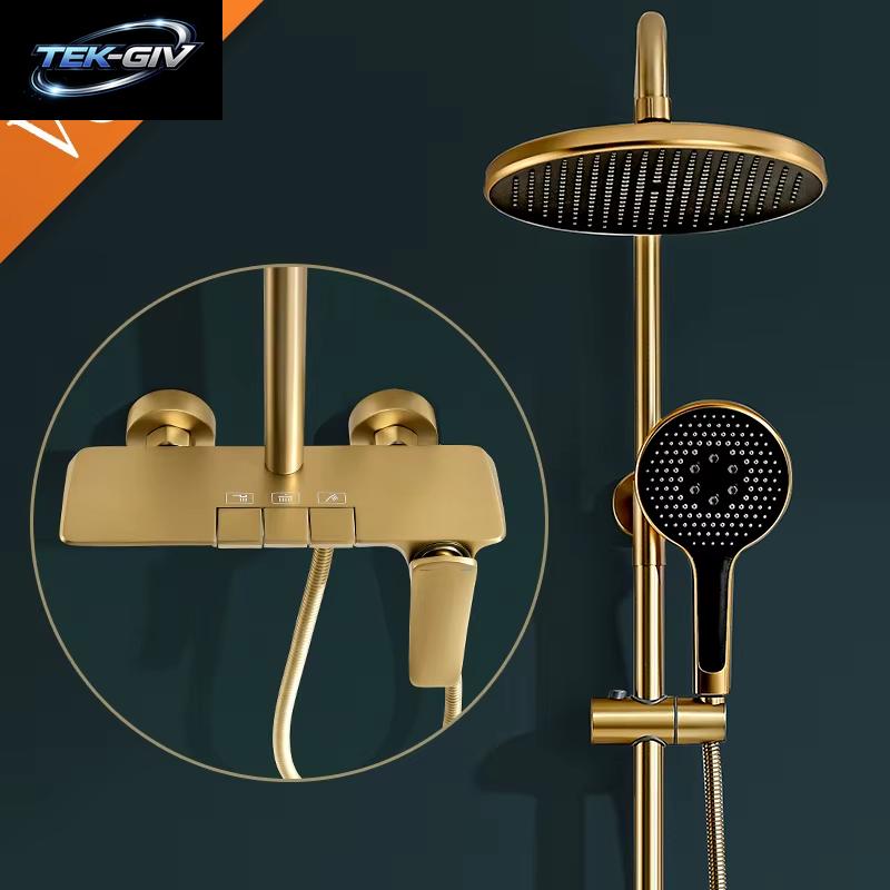 VGX Duschsystem Set Gold Badezimmer Duschkopf Set Luxus Duscharmatur Set 3-Wege Regendusche Mischbatterie Schwarz Grau Chrom