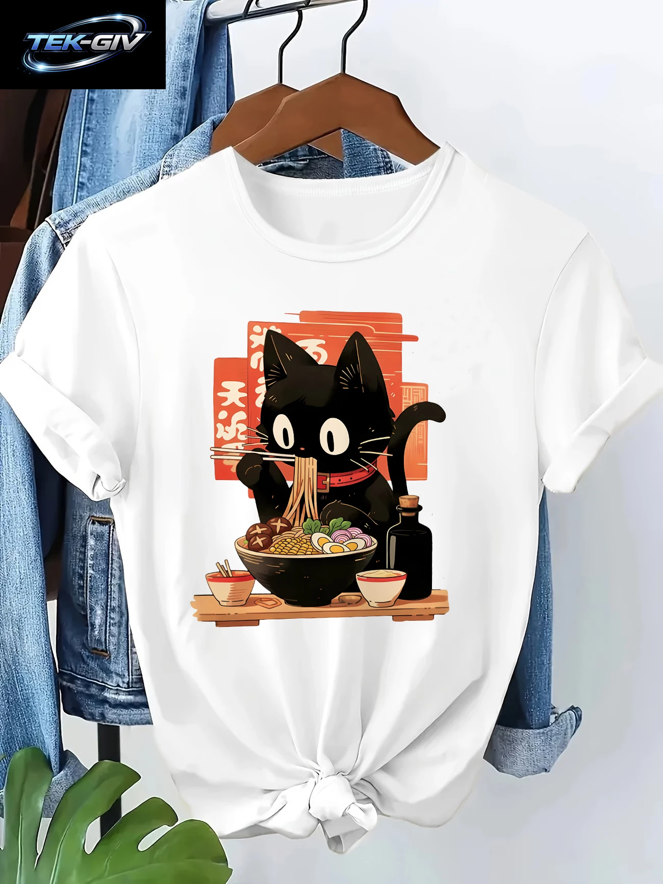 Japanisches Ramen-Katzen-T-Shirt Mit Lustigem Aufdruck, Vintage-Stil, Lässiges Grafik-T-Shirt Für Damen, Kurzärmelig, Kleidung, Top, T-Shirt