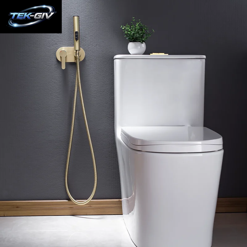 Gebürsteter Gold-Bidet-Wasserhahn, Messing-Duscharmatur, Waschtischmischer, Kalt- Und Warmwassermischer, Quadratischer Duschbrausekopf, Wc-Armaturen