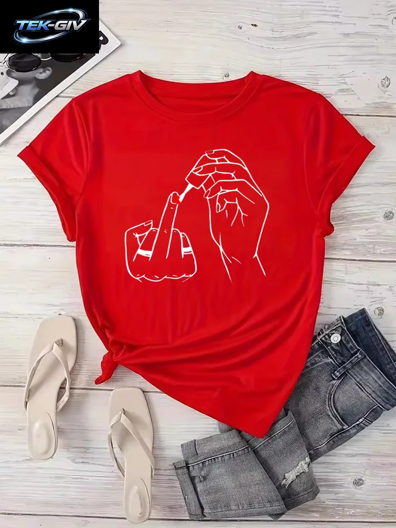 Frauen Mittelfinger Nagellack Drucke T Shirt Sommer Komfortable Weiche Kurzarm Oansatz Tops Casual Weibliche Kleidung