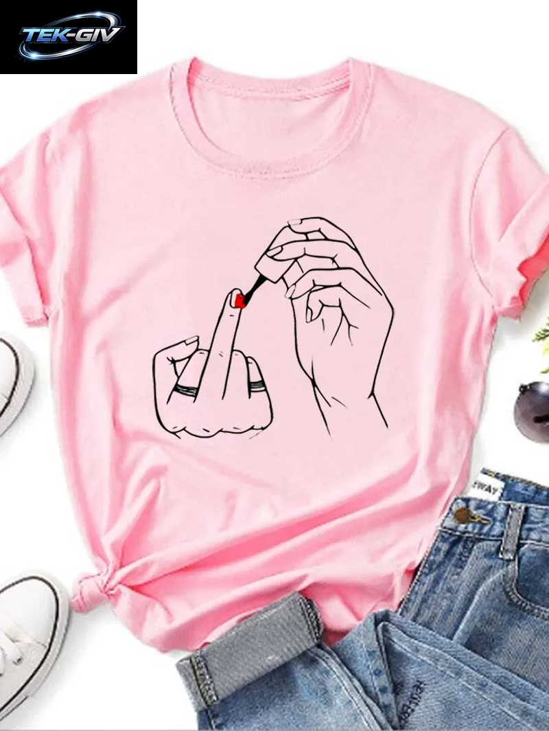 Frauen Mittelfinger Nagellack Drucke T Shirt Sommer Komfortable Weiche Kurzarm Oansatz Tops Casual Weibliche Kleidung