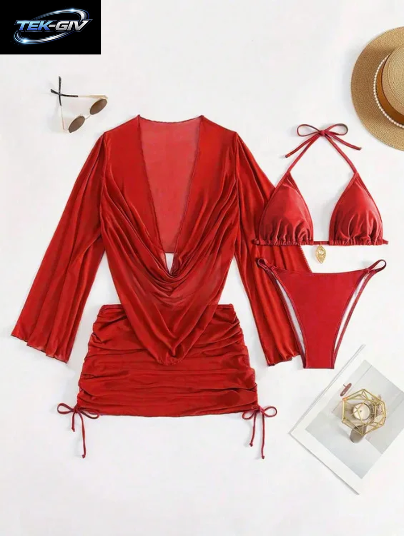 4-Teiliges Sexy Einfarbiges Bikini-Set Mit Transparentem Überzug, Geeignet Für Urlaub, Strandparty, Perfekt Für Neujahr Und Valentinstag