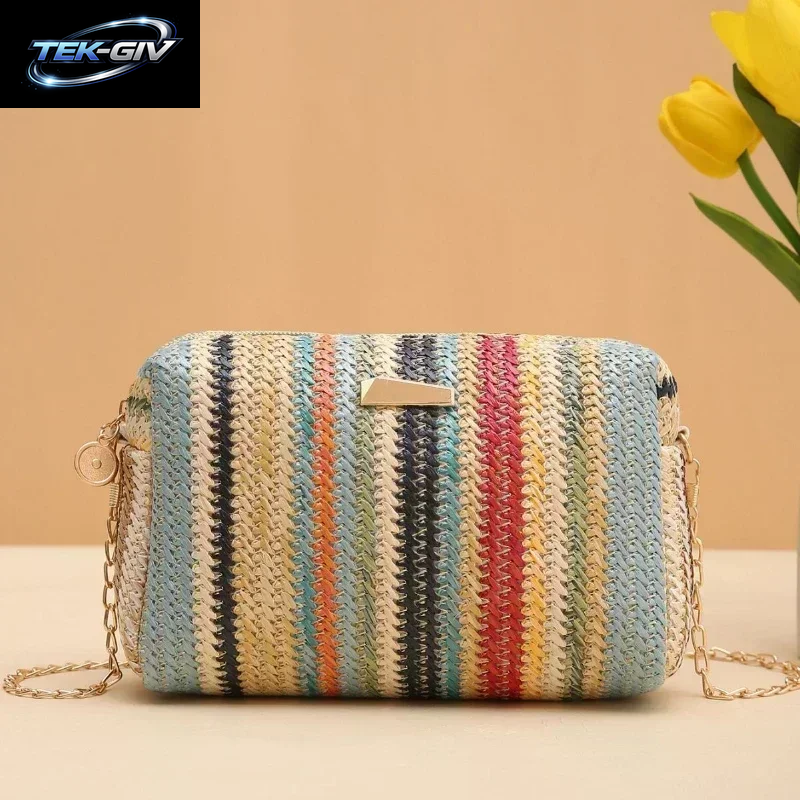Rattan Stricken Frauen Stroh Tasche Strand Sommer Kette Kleine Geldbörse Und Handtasche Weibliche Schulter Umhängetaschen Reise Design Flap Bag