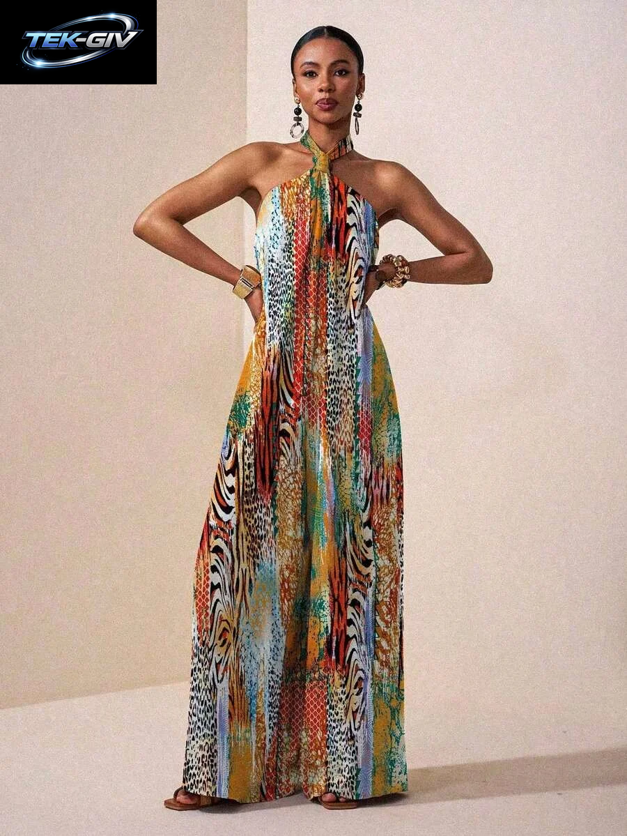 Damen-Maxikleid Mit Neckholder-Ausschnitt, Rückenfrei, Bedruckt, Lockere Passform, Ärmellos, Bohemian-Stil, Freizeitkleid, Frühling, Sommer, Urlaub, Strand-Outfit