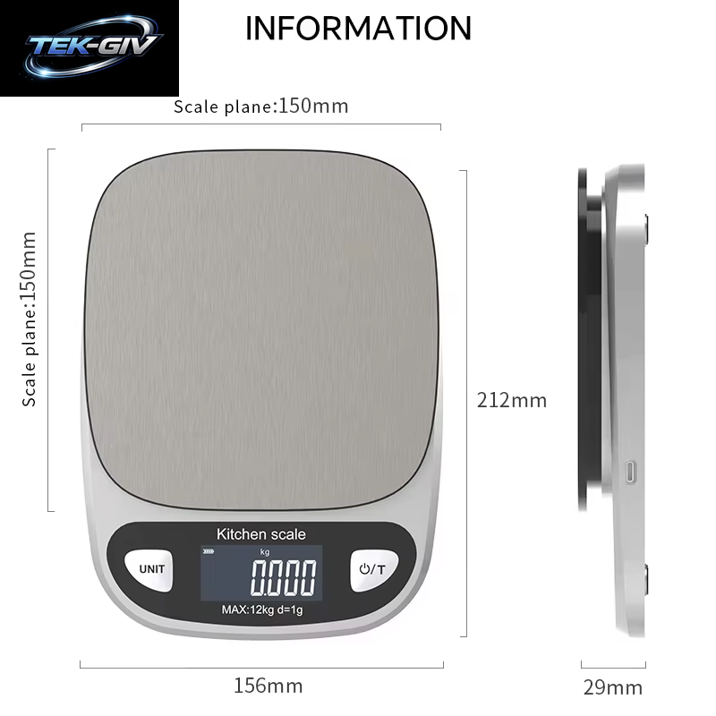 Wiederaufladbare Küchenwaage, Edelstahlplatte, Tragbare Küchen-Lebensmittelwaage, 6 Kg/12 Kg, Genaues Wiegen, Elektronische Digitalwaage