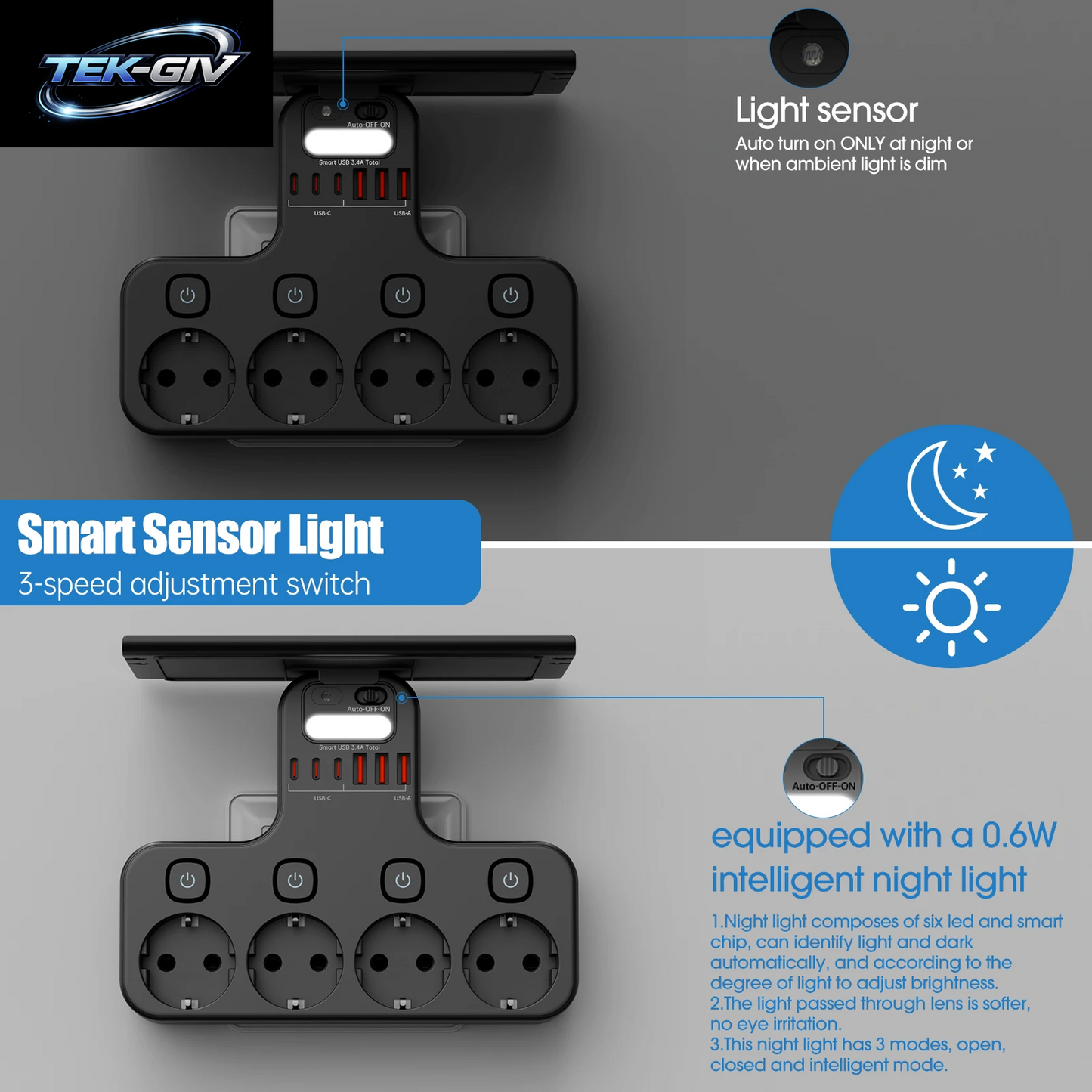 4000 W Eu-Stecker Steckdosenleiste Multifunktionssteckdose Intelligentes Nachtlicht Unabhängiger Schalter Europäische Standardsteckdose Mit Usb-C-Anschlüssen