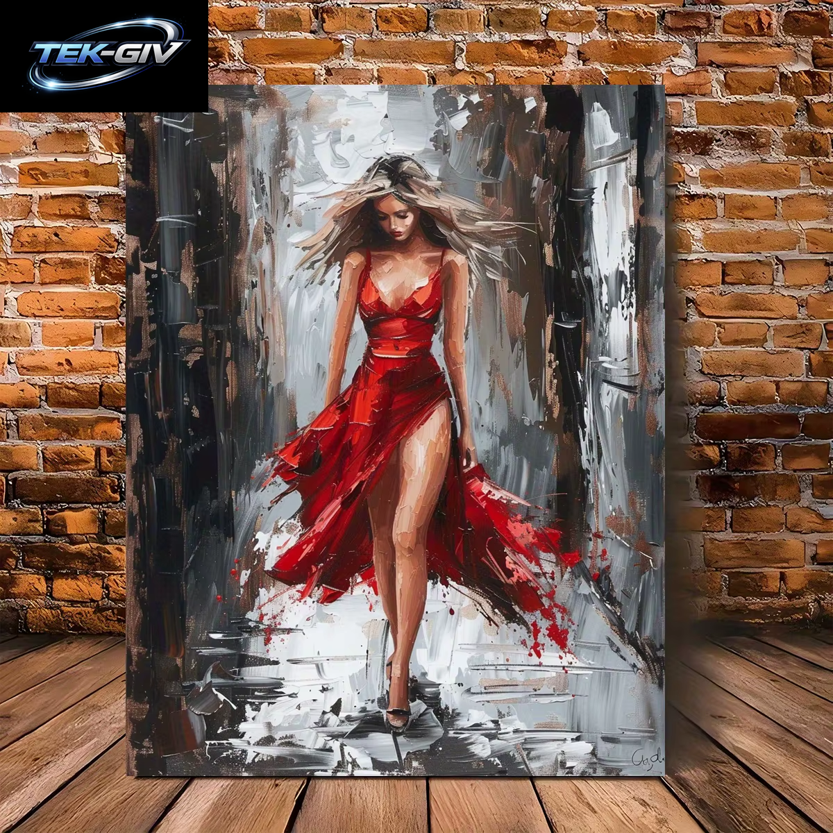 1 Stück Holzgerahmtes Leinwand-Ölgemälde – Elegante Frau Im Roten Kleid, Klassenzimmer Oder Wanddekoration, Bürokunstwerk, Lebendige Wandkunst