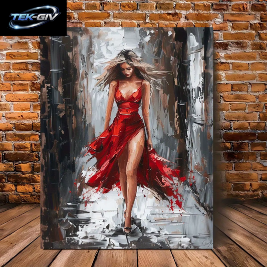 1 Stück Holzgerahmtes Leinwand-Ölgemälde – Elegante Frau Im Roten Kleid, Klassenzimmer Oder Wanddekoration, Bürokunstwerk, Lebendige Wandkunst