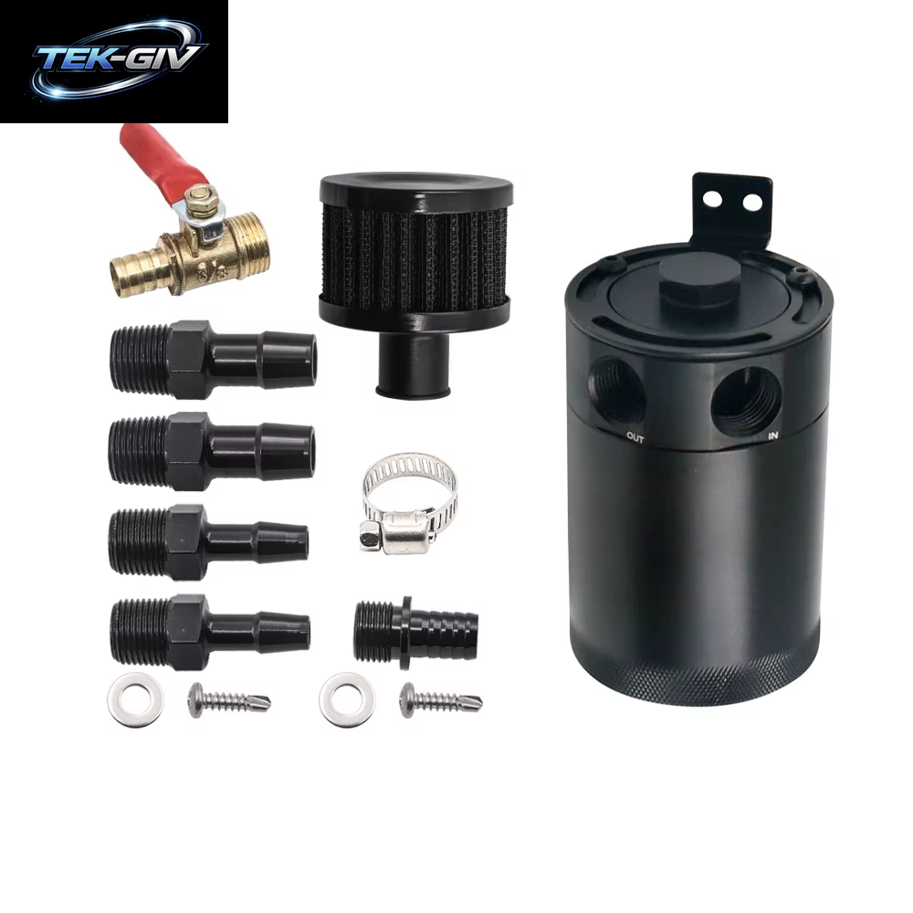 HD 2-Port-Ölfangdose Tank Kraftstoff Tank Rennen Verblüfft Mit Ablass Ventil Luftöl Abscheider Universal Schwarz Eloxiert