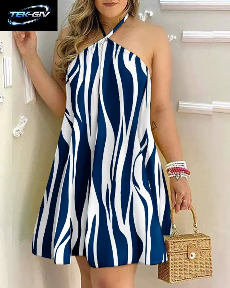 Damen 2026 Tropisches Blättermuster Neckholder-Minikleid Ärmellos Rückenfrei A-Linie Sommer Strandkleid Lässig