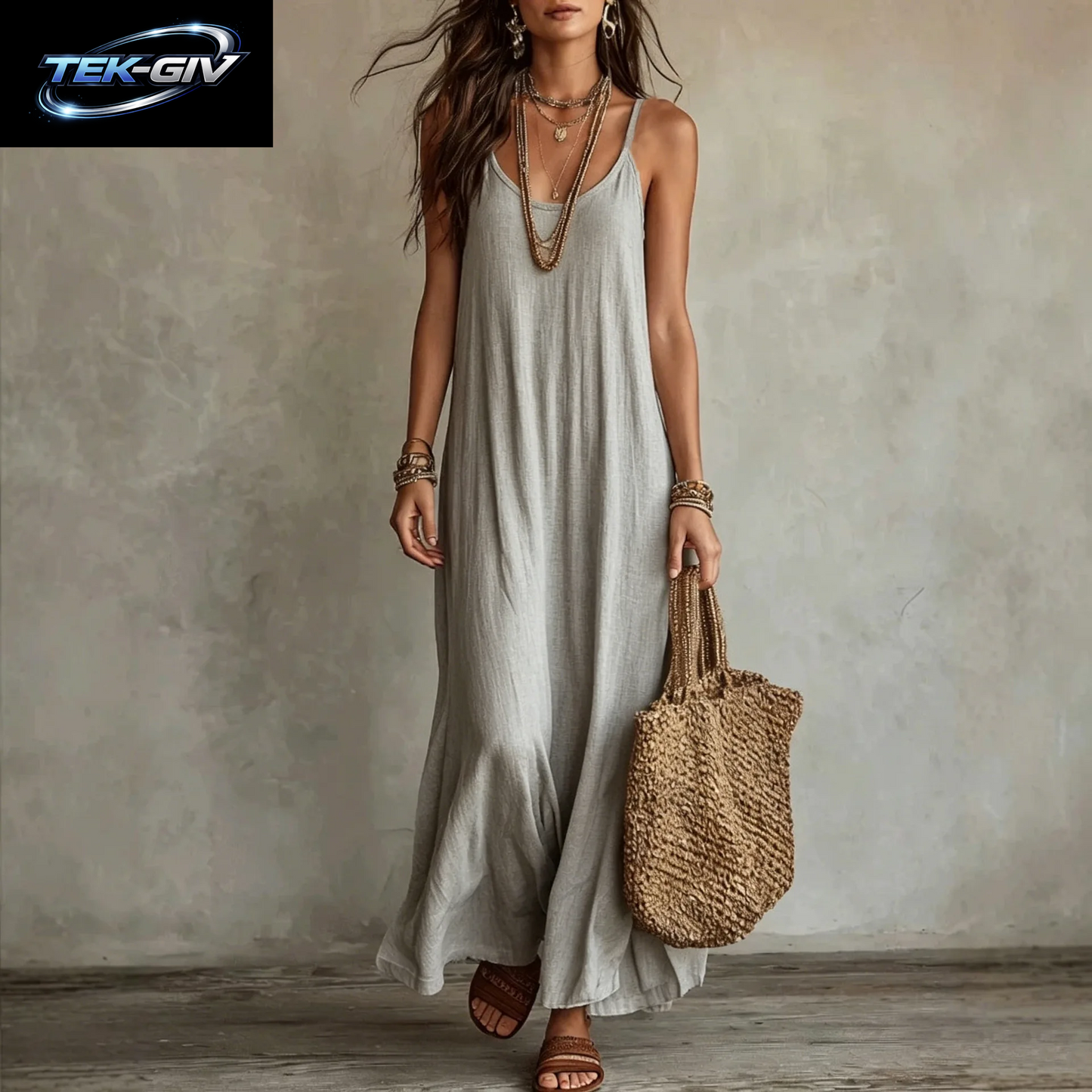 Rückenfreie Cami-Kleider Sommer Damen Boho-Kleid Spaghetti-Träger Ärmellos Lässiges Maxikleid Langes Sommerkleid Urlaubs-Strandkleidung