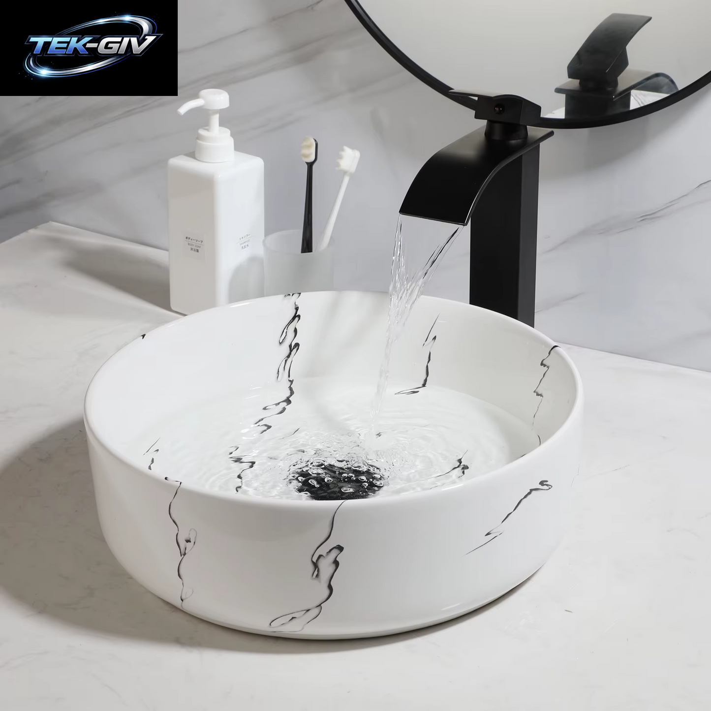 KEMAIDI Badezimmer-Waschbecken-Wasserhahn-Kombination, 35,6 Cm, Schüsselwaschbecken, Roségold, Waschbecken, Rundes Keramikwaschbecken Für Badezimmer, Theke