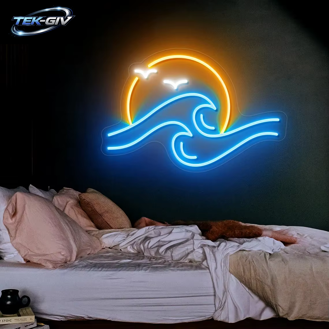 Ozeanwelle Led-Schild Wandkunst Einstellung Mond Am Meer Neonschild Benutzerdefinierter Sonnenaufgang Über Dem Meer Licht Home Decor