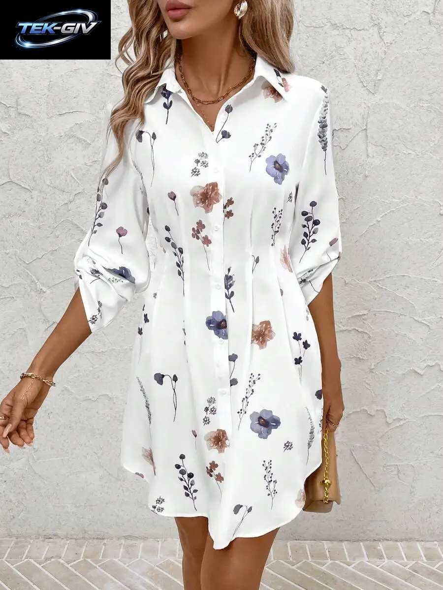 Sommerurlaubs-Outfits Für Damen, Herbst/Winter, Modisch, Vielseitig, Für Pendler, Blumendruck, Hemdkleid, Herbstkleidung Für Damen, Kleid, S