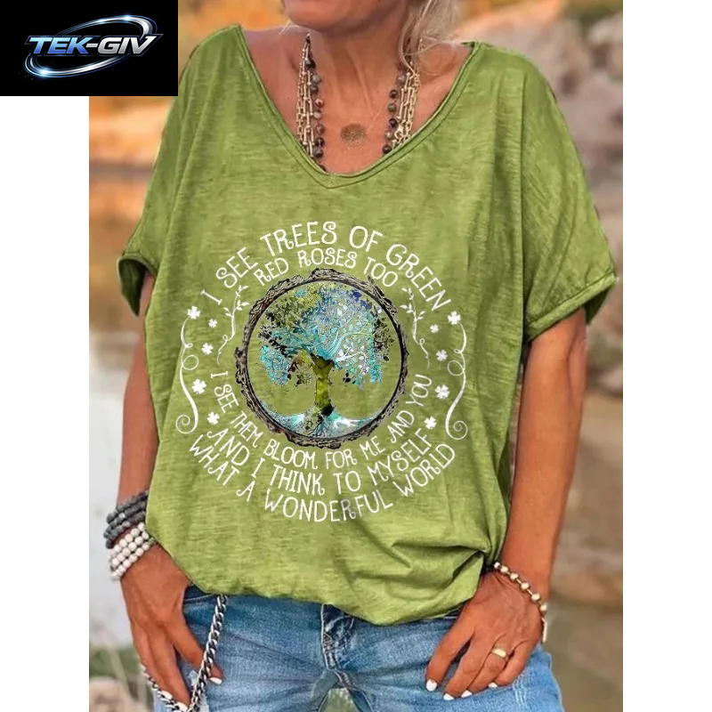 Ilstile Damen-T-Shirt Mit V-Ausschnitt, Hippie-Print „What a Wonderful World“, Sommer-Kurzarm-T-Shirt Für Damen, Oberteile, Lässige T-Shirts