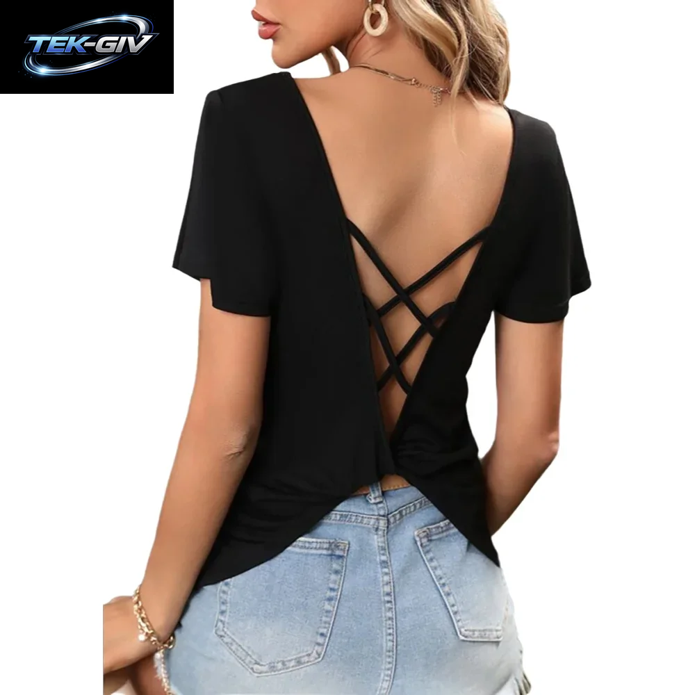 Damen-T-Shirt Mit V-Ausschnitt, Kurzen Ärmeln, Überkreuztem Rücken, Einfarbig, Entspannt Geschnitten, Sexy T-Shirt, Frühling, Sommer, Schickes T-Shirt, Leichtes Alltags-T-Shirt