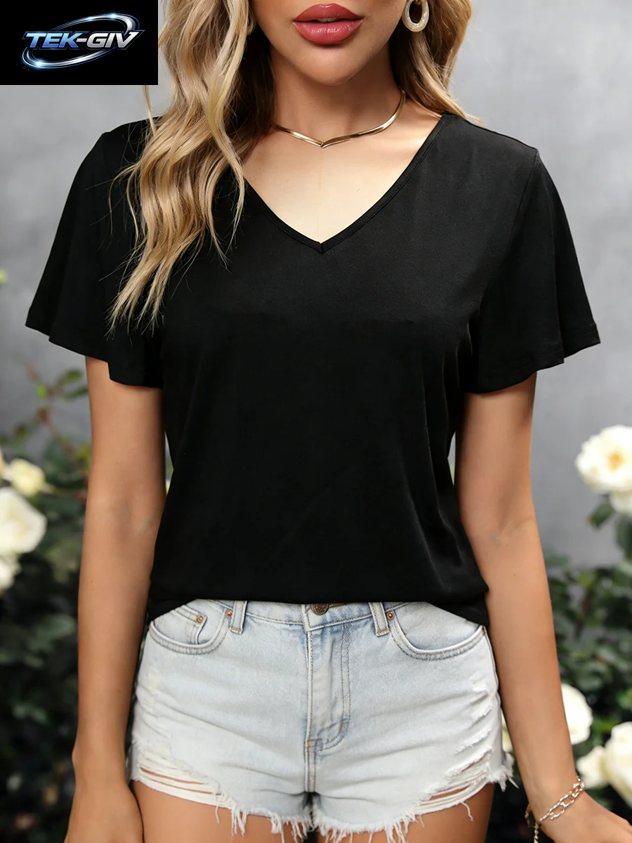 Damen-T-Shirt Mit V-Ausschnitt, Kurzen Ärmeln, Überkreuztem Rücken, Einfarbig, Entspannt Geschnitten, Sexy T-Shirt, Frühling, Sommer, Schickes T-Shirt, Leichtes Alltags-T-Shirt