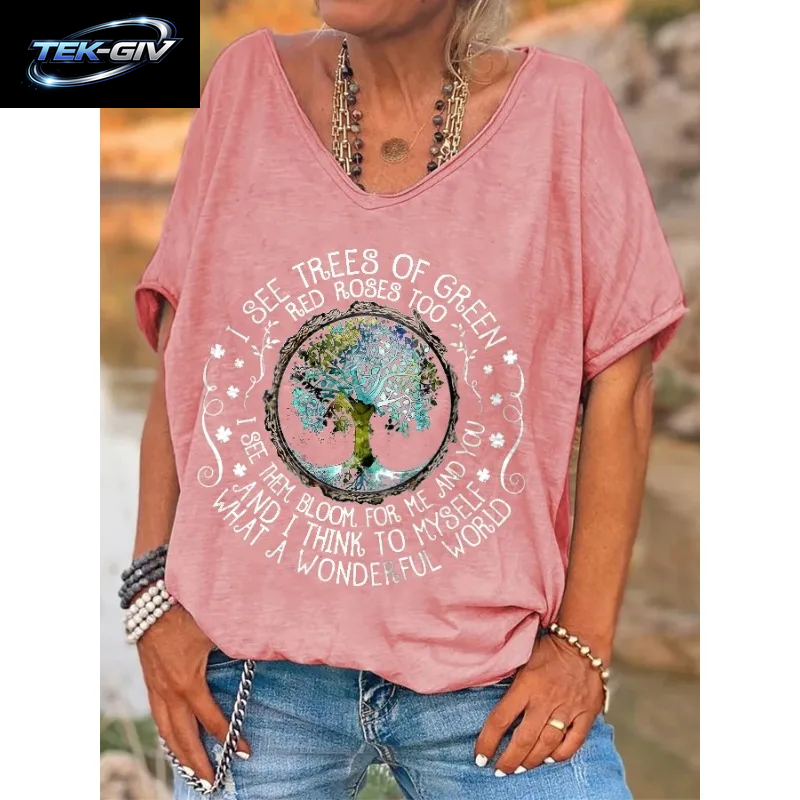 Ilstile Damen-T-Shirt Mit V-Ausschnitt, Hippie-Print „What a Wonderful World“, Sommer-Kurzarm-T-Shirt Für Damen, Oberteile, Lässige T-Shirts