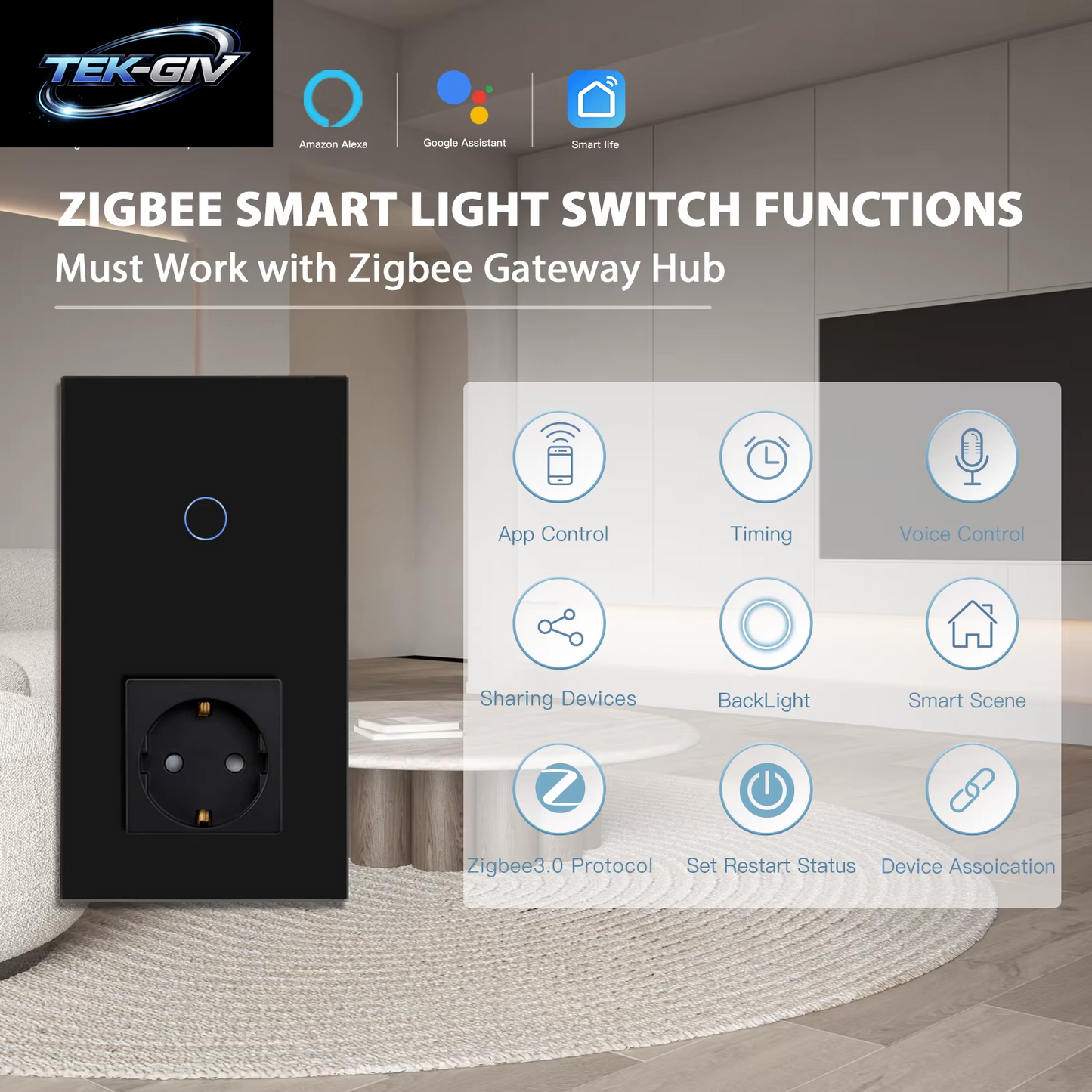 BSEED 1/2/3Gang Zigbee Wand-Touch-Schalter plus Eu-Steckdosen Doppelte Dreifach-Lichtschalter Tuya Smart Life App Neutral Erforderlich
