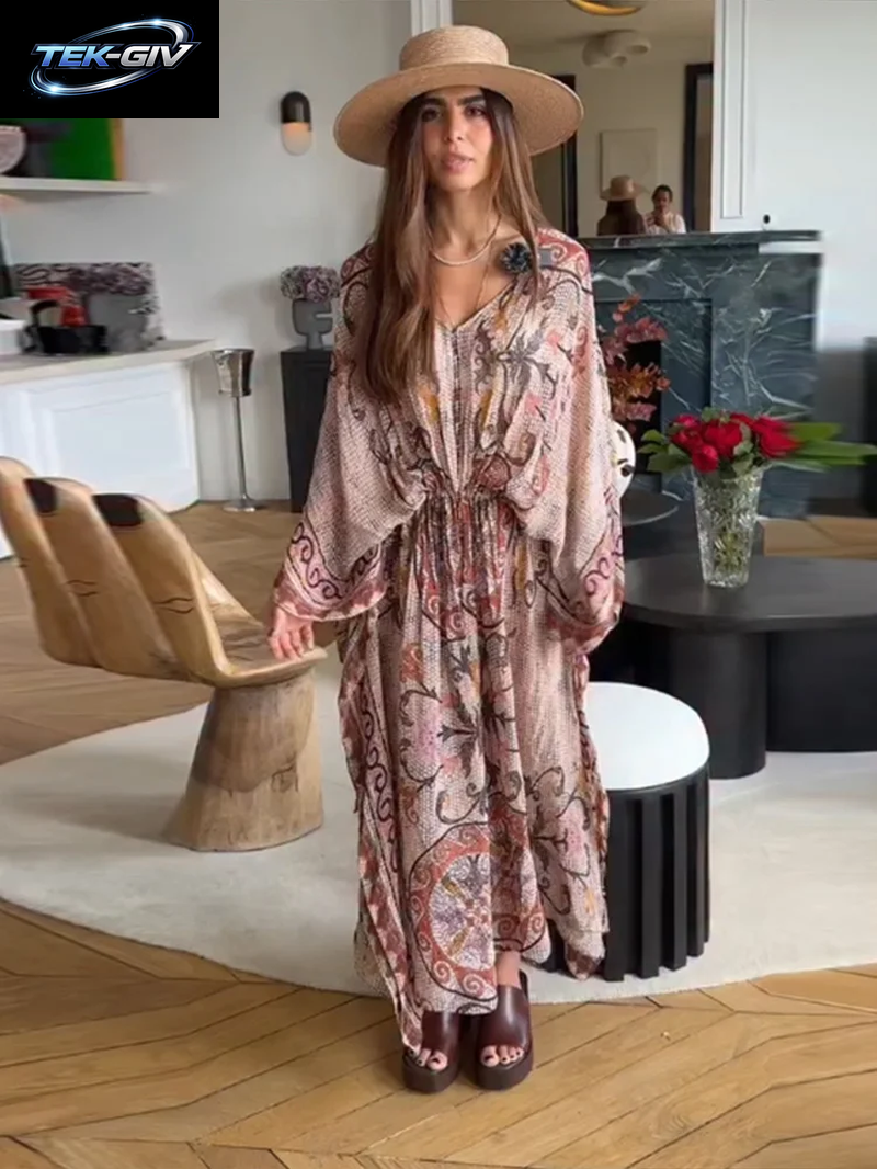 Damen Vintage-Kleid Mit Blumendruck, V-Ausschnitt, Kordelzug, Lange Ärmel, Tailliert, Lockeres Maxikleid, Sommer-Herbst, Schickes, Lässiges Kleid
