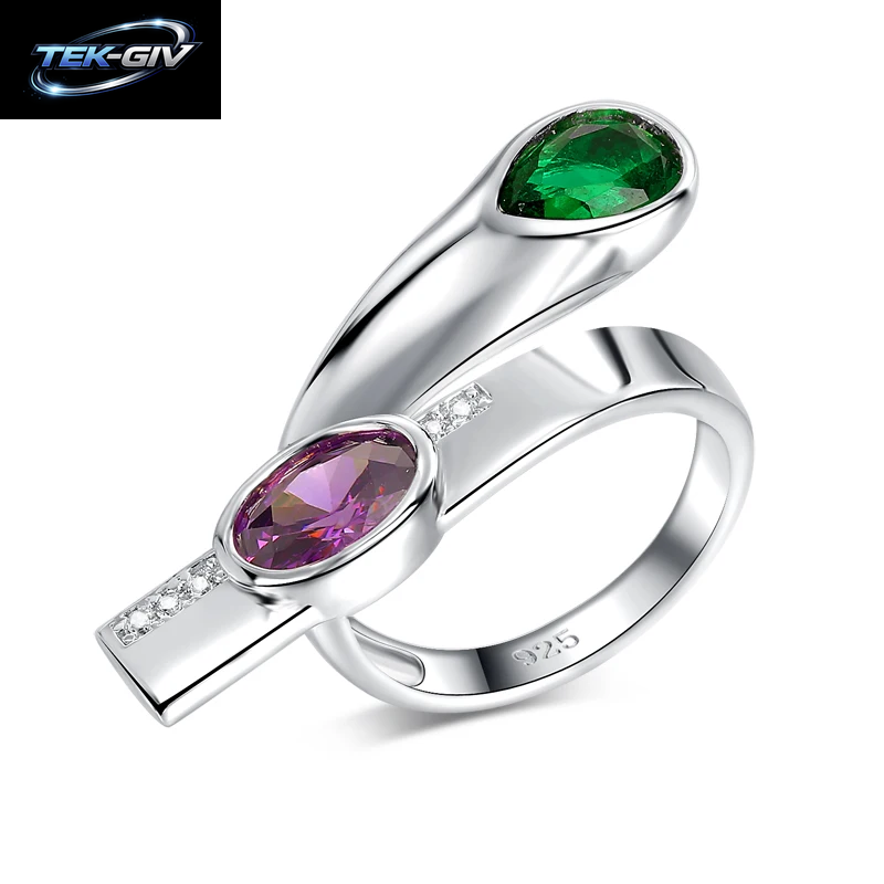 LAYA 925 Sterling Silber Glänzender Zirkon, Synthetischer Lila Und Grüner Kristall, Unregelmäßiger Großer Fingerring Für Männer Und Frauen, Modeschmuck