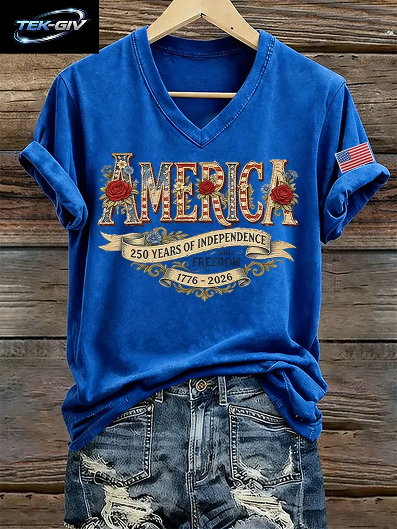 NEUE Damen-T-Shirts Mit Us-Flaggen-Aufdruck 1776-2026, Sommer-T-Shirt Zum 250. Jahrestag Amerikas, Kurzärmelig, Lässige Oberteile Mit V-Ausschnitt