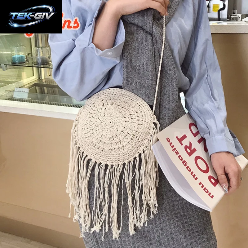 Yogodlns Mode Runde Hand-Gewebt Frau Schulter Tasche Sommer Reise Einkaufen Stroh Strand Taschen Quasten Weibliche Kleine Umhängetasche