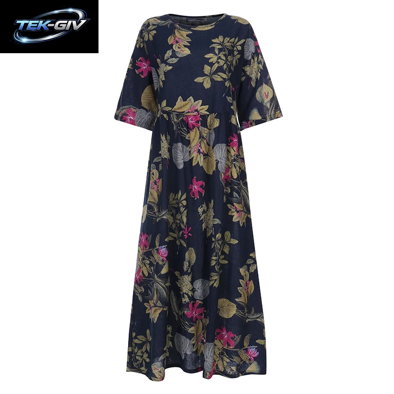 Damen Sommerkleid Mit Kurzen Ärmeln, ZANZEA Damenkleid Mit Blumenmuster, Bohemian-Stil, Elegant, Lässig, Übergroß, Lange Urlaubskleider