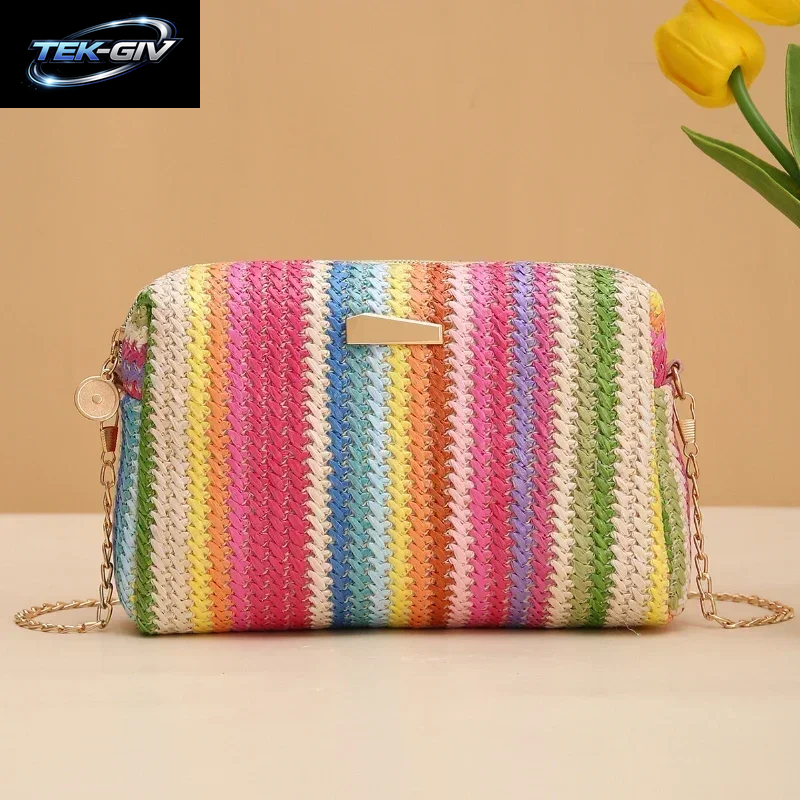 Rattan Stricken Frauen Stroh Tasche Strand Sommer Kette Kleine Geldbörse Und Handtasche Weibliche Schulter Umhängetaschen Reise Design Flap Bag