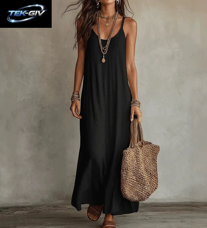Rückenfreie Cami-Kleider Sommer Damen Boho-Kleid Spaghetti-Träger Ärmellos Lässiges Maxikleid Langes Sommerkleid Urlaubs-Strandkleidung