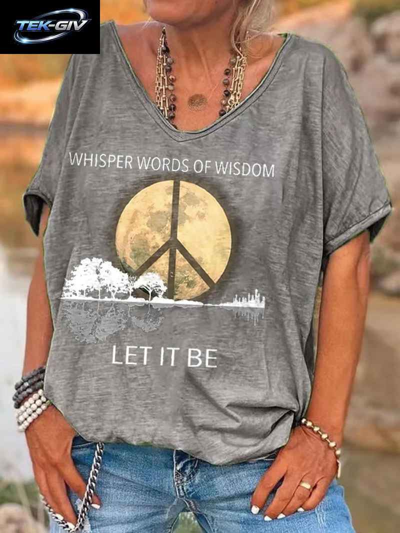 Damen-T-Shirts Mit Hippie-Let-It-Bet-Print, Damen-T-Shirt Mit V-Ausschnitt, Kurzärmelig, Lässige, Lockere Oberteile