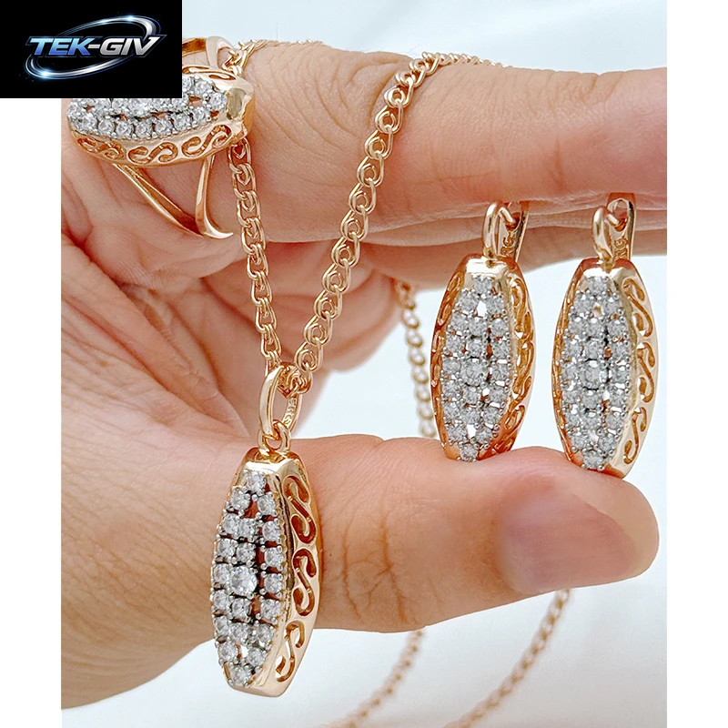 Kinel Heißer 585 Rose Gold Farbe Ethnische Braut Schmuck Sets Voll Glänzenden Natürlichen Zirkon Ring Ohrringe Halskette Für Frauen Edlen Schmuck